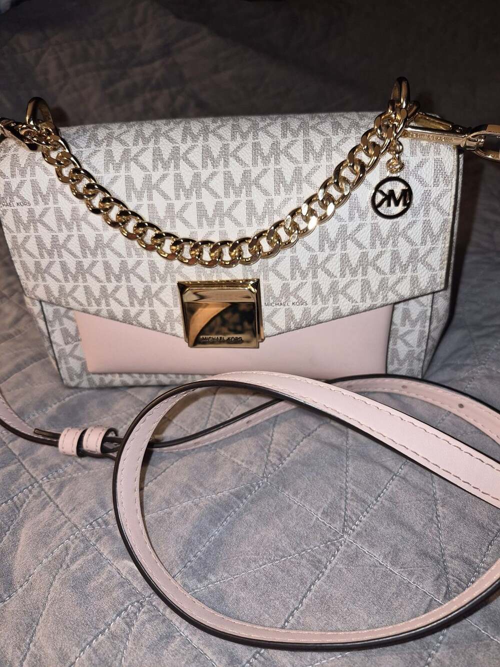 Michael Kors Lita Medium Logo and Leather Crossbody Bag in Ballet/Vanilla